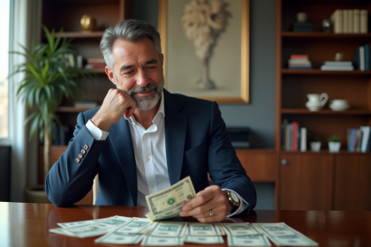 Homme d'affaires comptant des dollars dans un bureau élégant