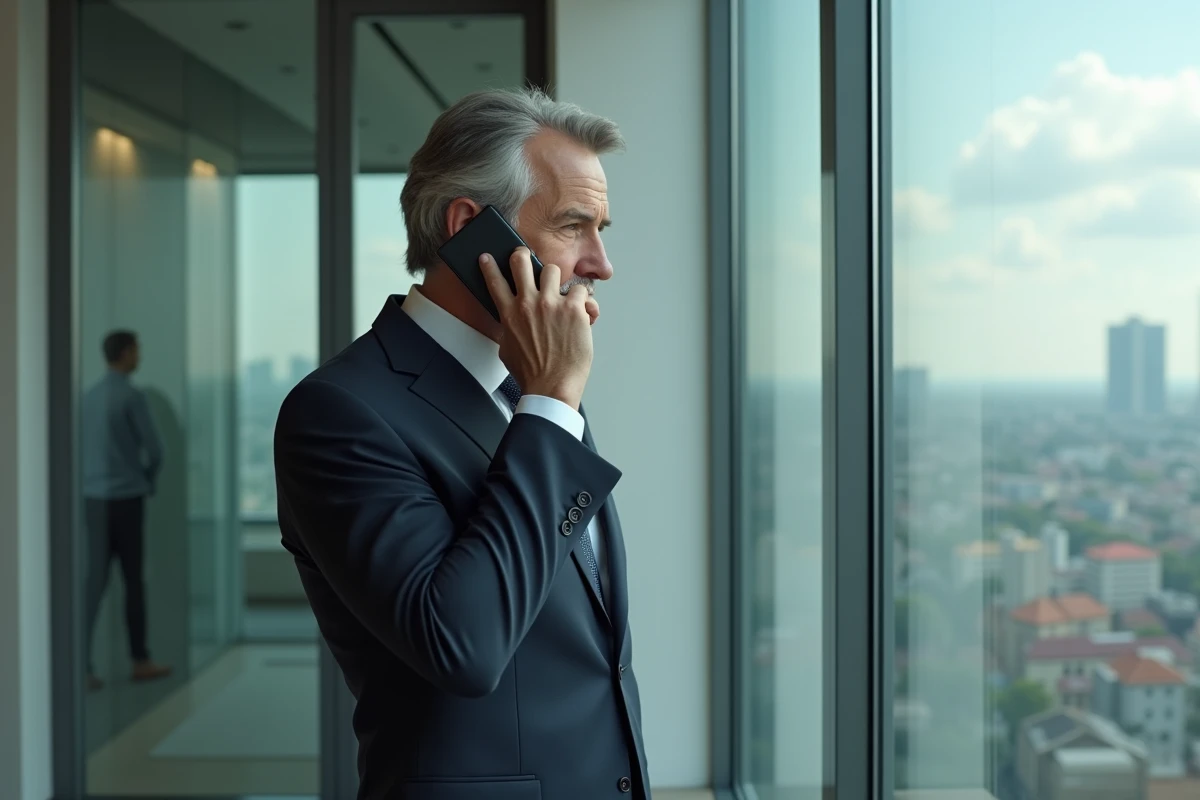 Homme d affaires parlant au téléphone près d une fenêtre urbaine