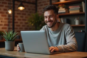Homme souriant lors d'un appel vidéo affectueux depuis son bureau à domicile, illustrant la communication à distance dans un couple