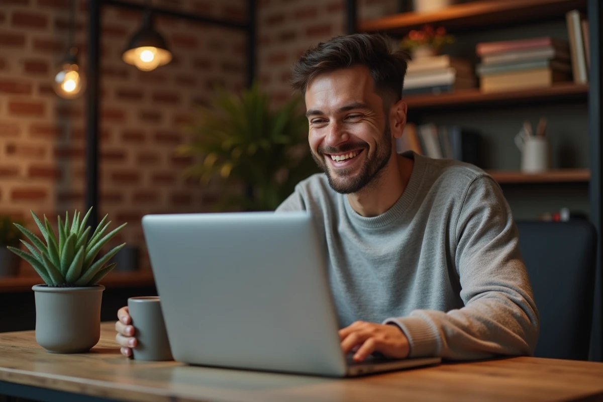 Homme souriant lors d'un appel vidéo affectueux depuis son bureau à domicile, illustrant la communication à distance dans un couple