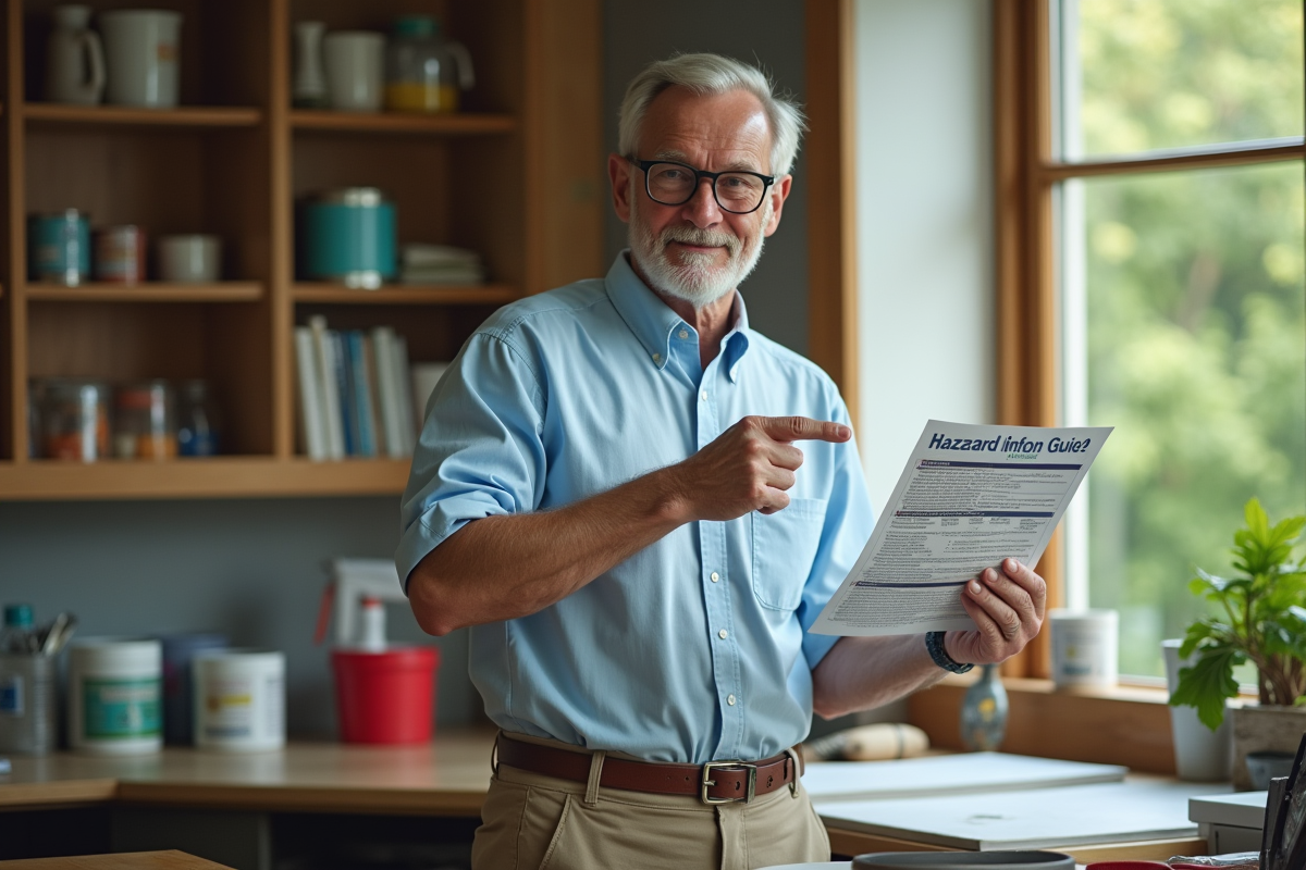 Homme âgé tenant un guide de peinture dans un atelier organisé