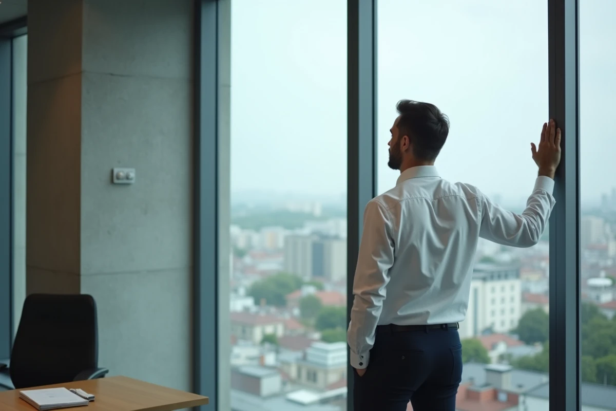 Homme d'affaires regardant par la fenêtre d'un bureau moderne, symbolisant une nouvelle direction et une transformation professionnelle