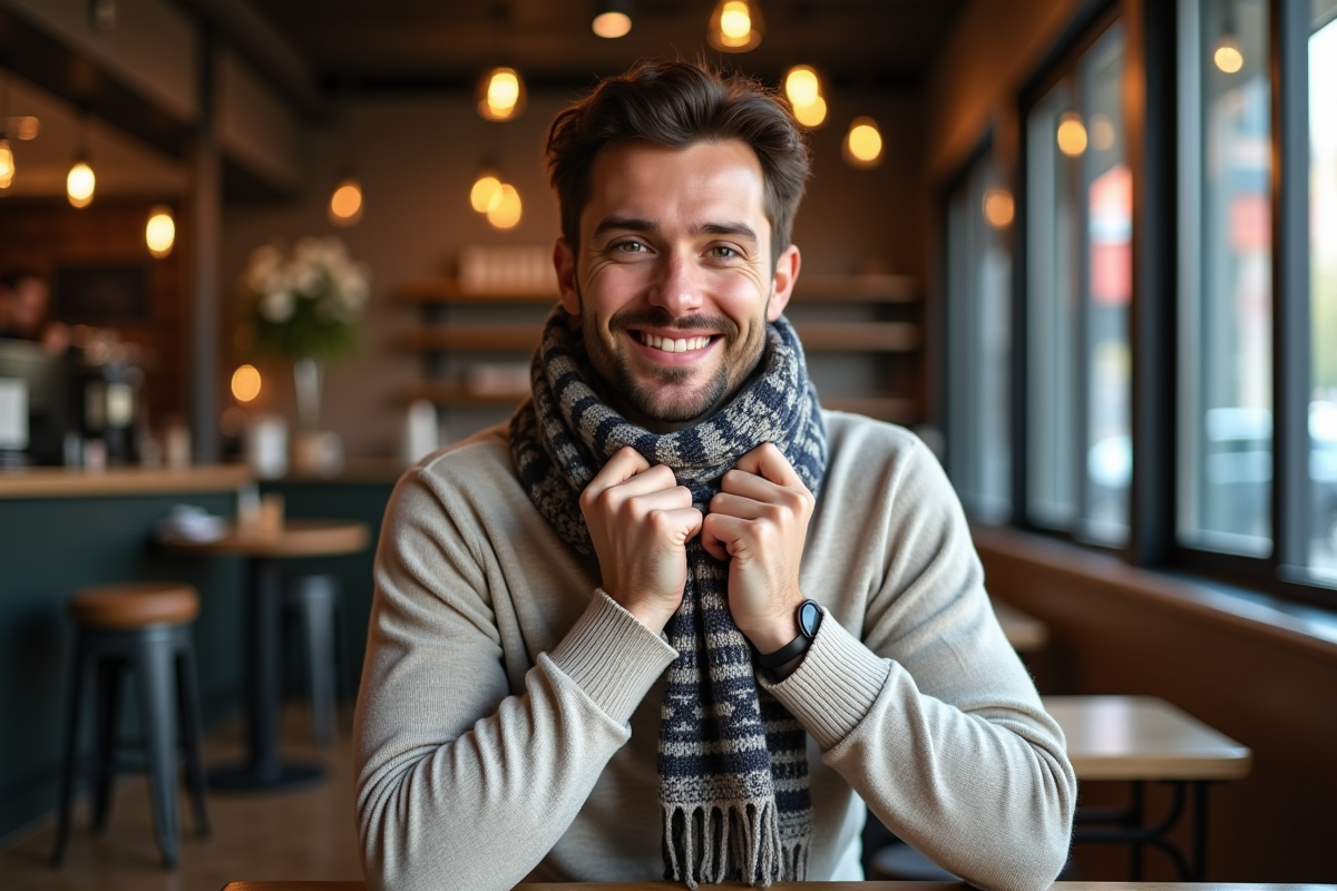 Homme avec écharpe dans un café cosy