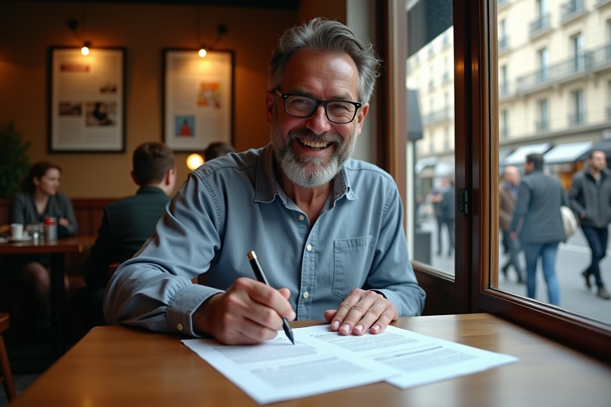 Homme lisant des documents de traduction dans un café