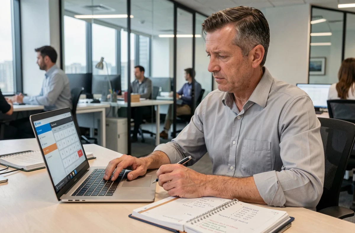 Homme en bureau calculant des jours de congés et droits sur un ordinateur portable avec un agenda papier