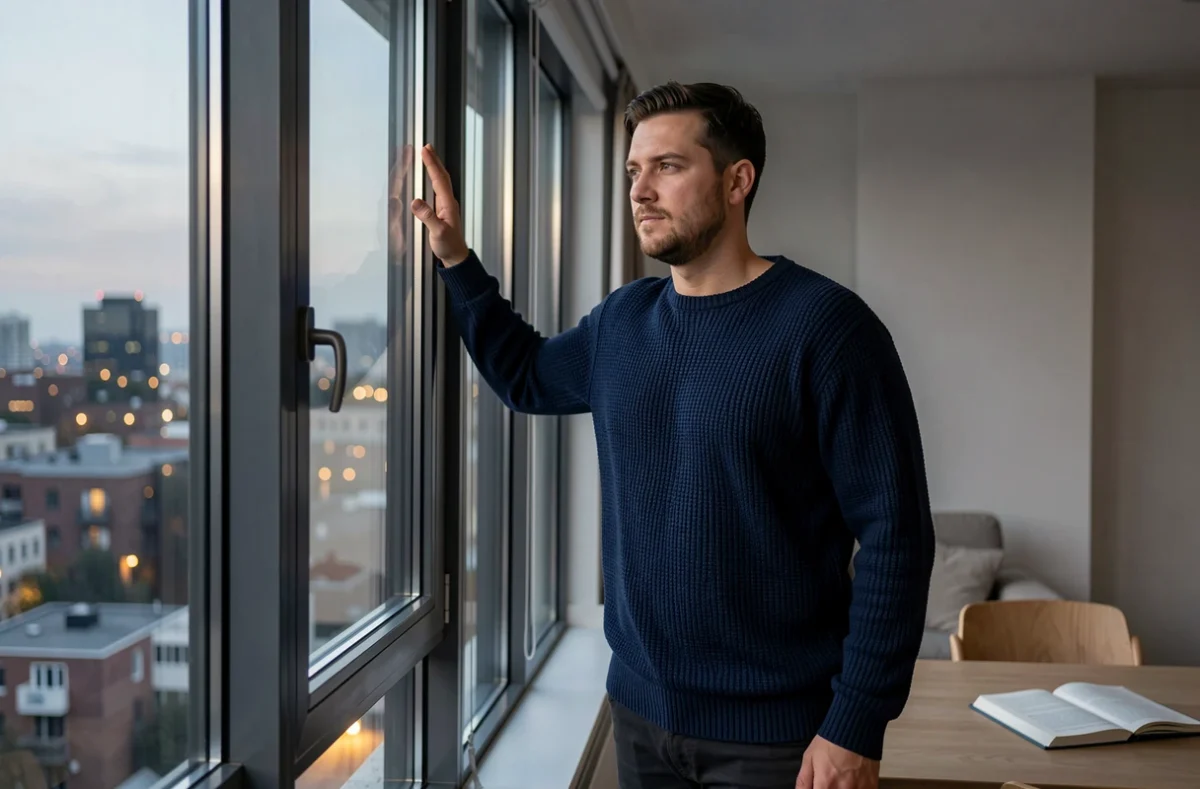 Homme célibataire méditatif regardant par la fenêtre la nuit, évoquant la signification des heures miroirs et l'univers