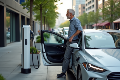 Homme d'âge moyen sortant d'une voiture hybride moderne à une station de recharge