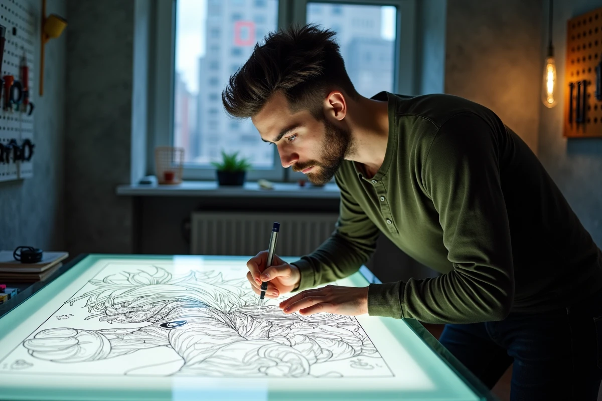 Homme adulte concentré sur un coloriage Dragon Ball Z complexe à la table lumineuse dans un studio moderne urbain