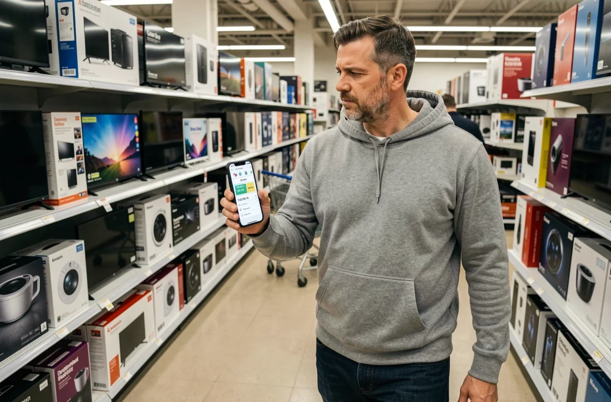 Homme comparant les prix sur son smartphone dans le rayon électronique d'un grand magasin lors du Black Friday