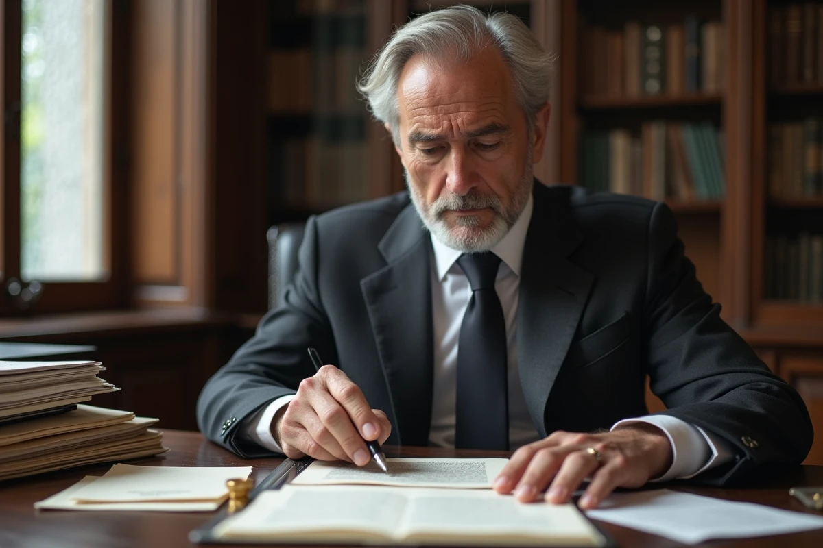 Homme lisant attentivement des documents notariaux lors d'une consultation gratuite à la chambre des notaires