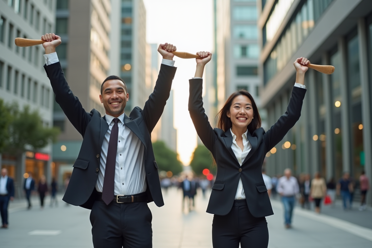 Homme et femme soutenant une balance en ville