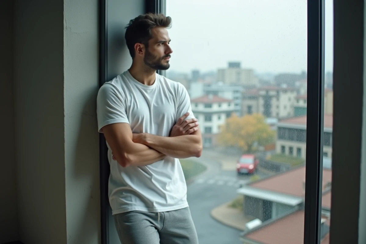 Homme songeur regardant par la fenêtre après une séparation, dans un appartement urbain minimaliste