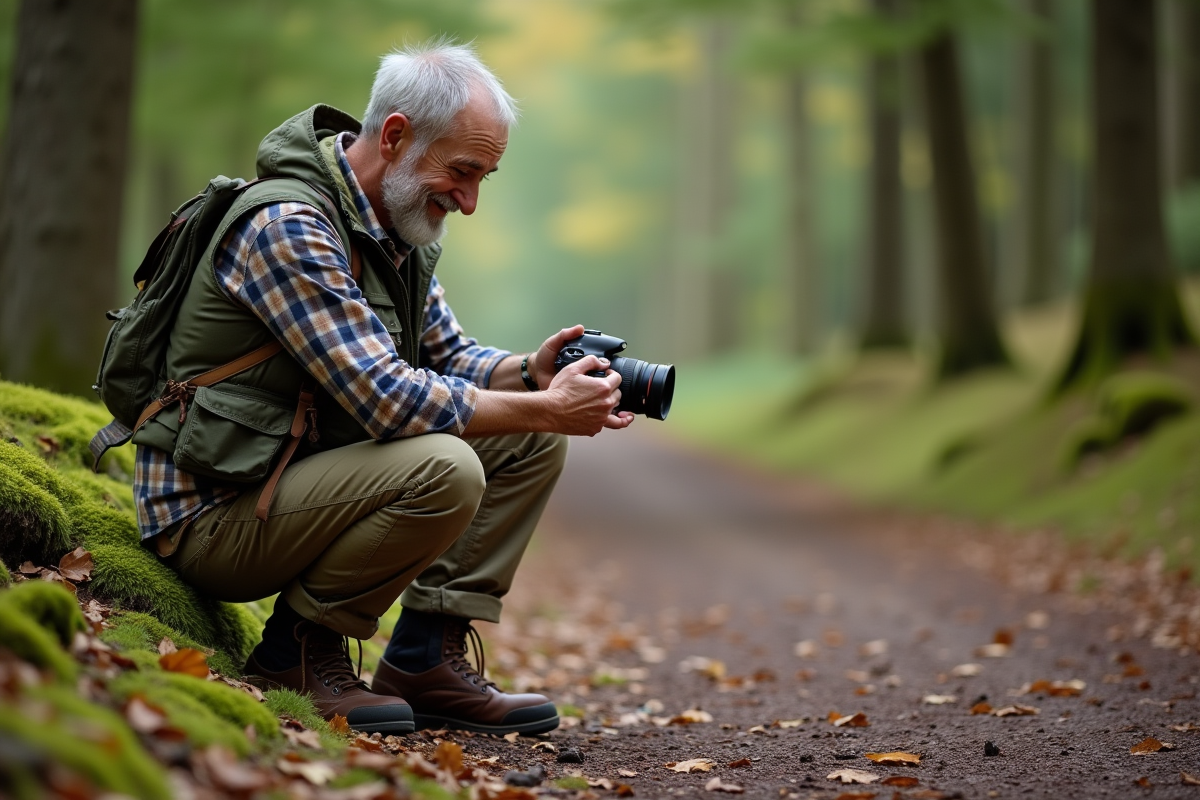 Homme en plein air observant son appareil photo en forêt