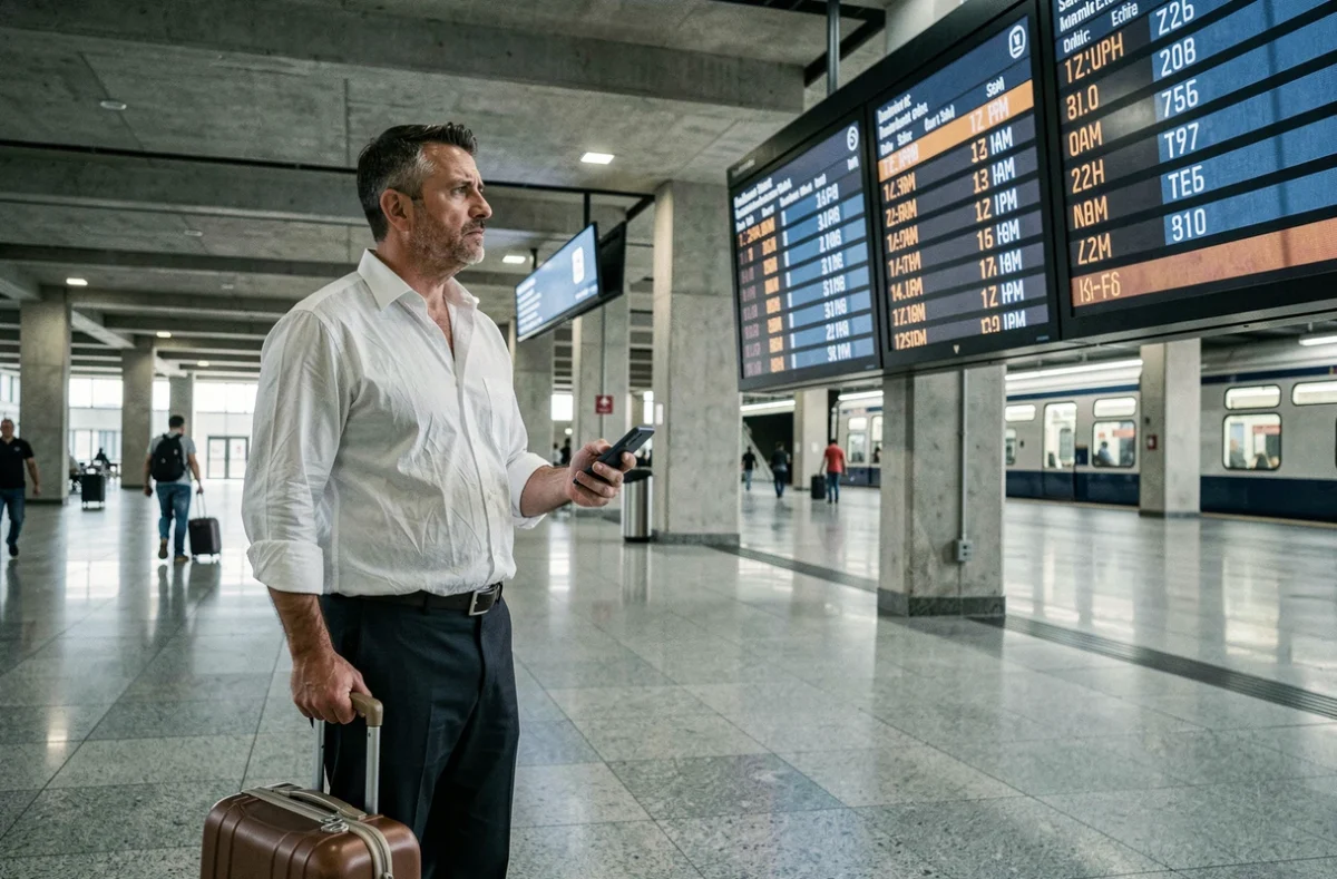 Homme stressé regardant un tableau de départs en gare affichant des horaires AM/PM, symbolisant la confusion liée au format 12 heures