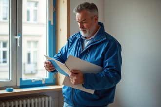 Homme professionnel isolant une fenêtre dans un appartement