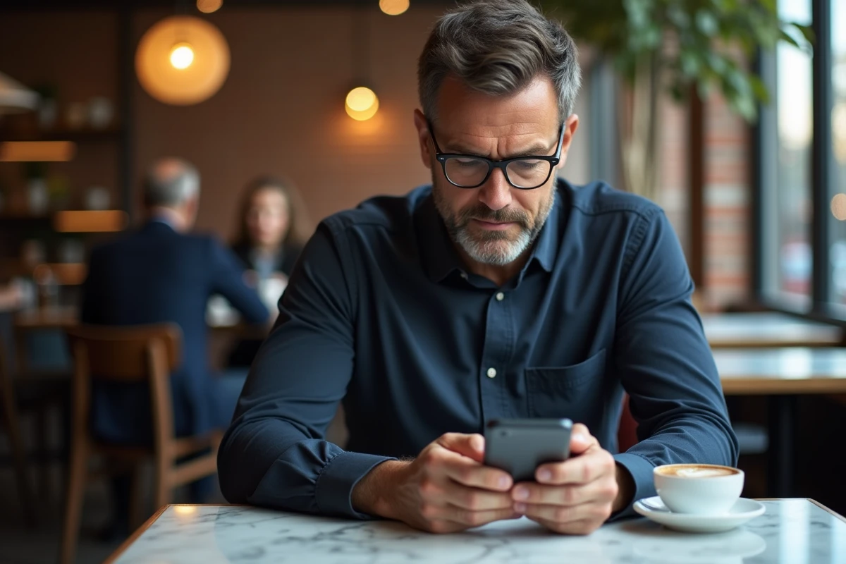 Homme lisant des témoignages de voyants sur son smartphone dans un café avant de choisir un consultant recommandé