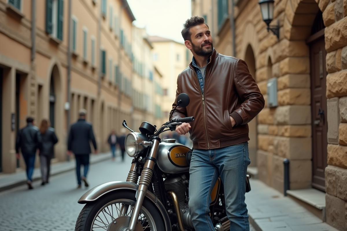 Homme avec moto classique Dax dans un village européen