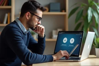 Homme concentré comparant deux plateformes vidéo sur son ordinateur