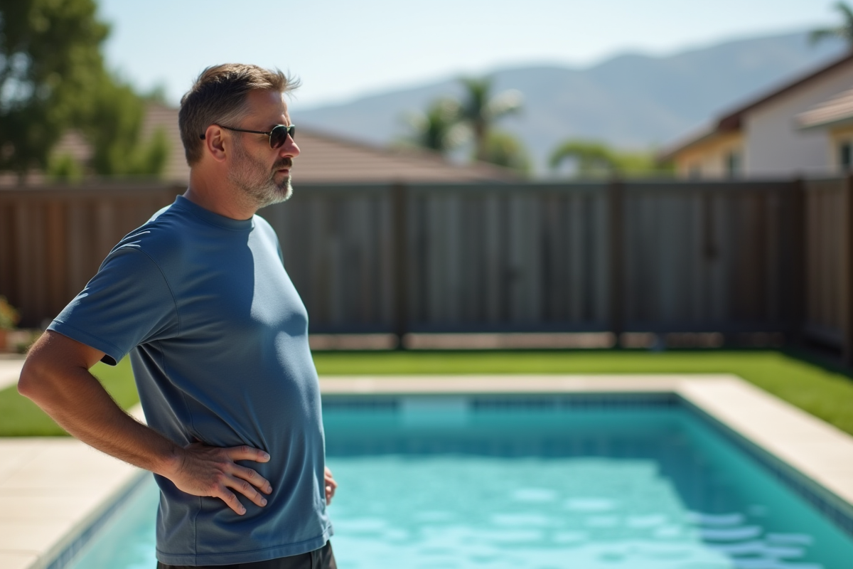 Homme d'âge moyen pensif près d'une piscine extérieure