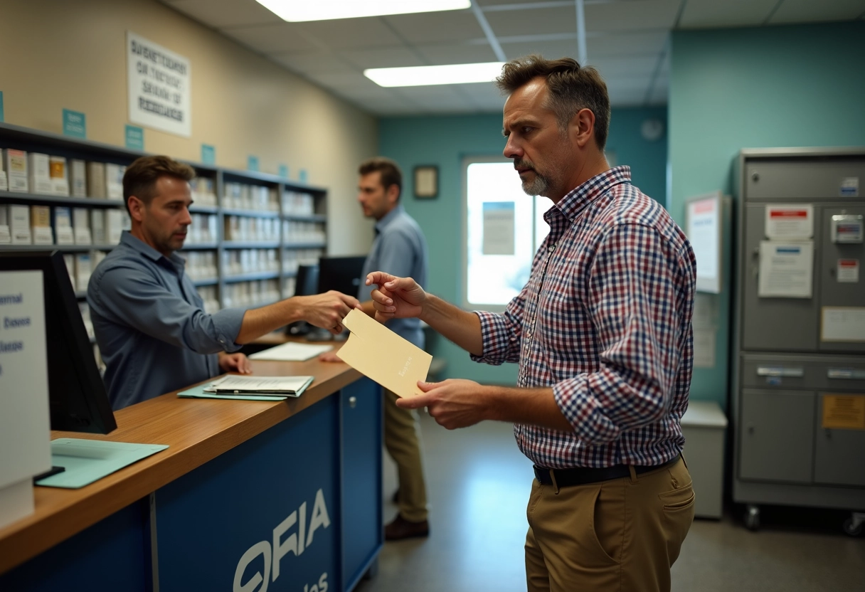 Homme discutant avec un agent postal au bureau de poste