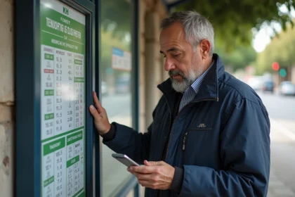 Homme maghrebin regardant son smartphone près d'un panneau prière