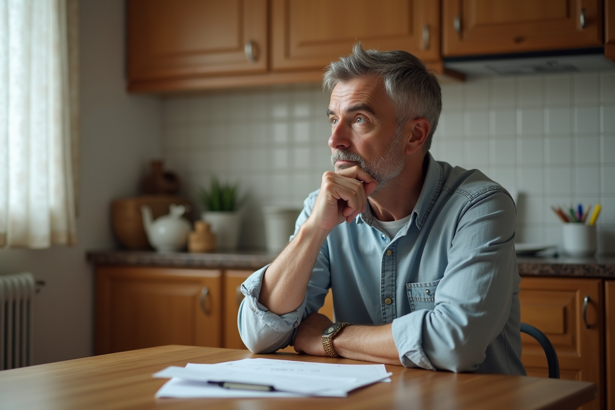 Homme d age seul dans une cuisine en train de lire un papier