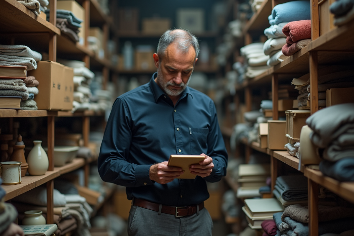 Homme pensif regardant un objet dans un espace chargé