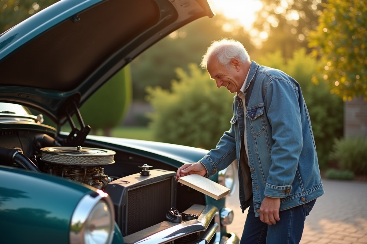 Homme souriant examine un moteur de voiture ancienne ensoleillée