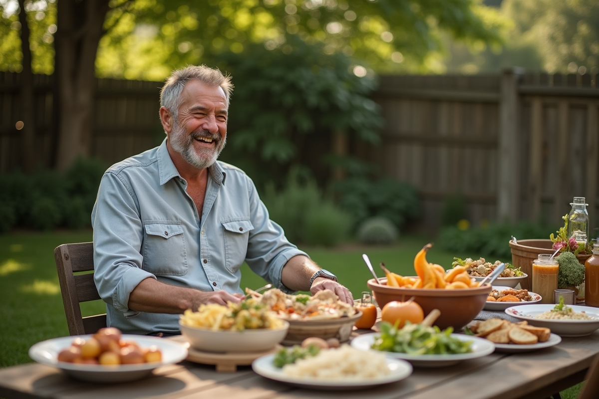 Homme riant autour d un repas en plein air dans un jardin