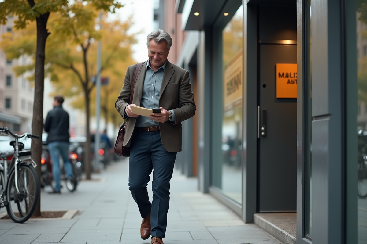 Homme marche devant une banque en milieu urbain