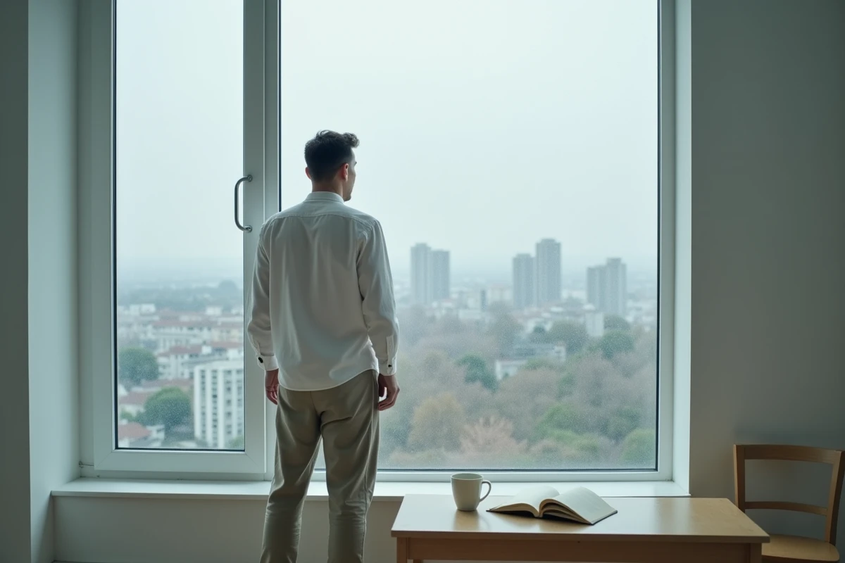 Homme seul debout devant une fenêtre pluvieuse contemplant la ville, reflet dans la vitre, évoquant le manque et l'isolement intérieur