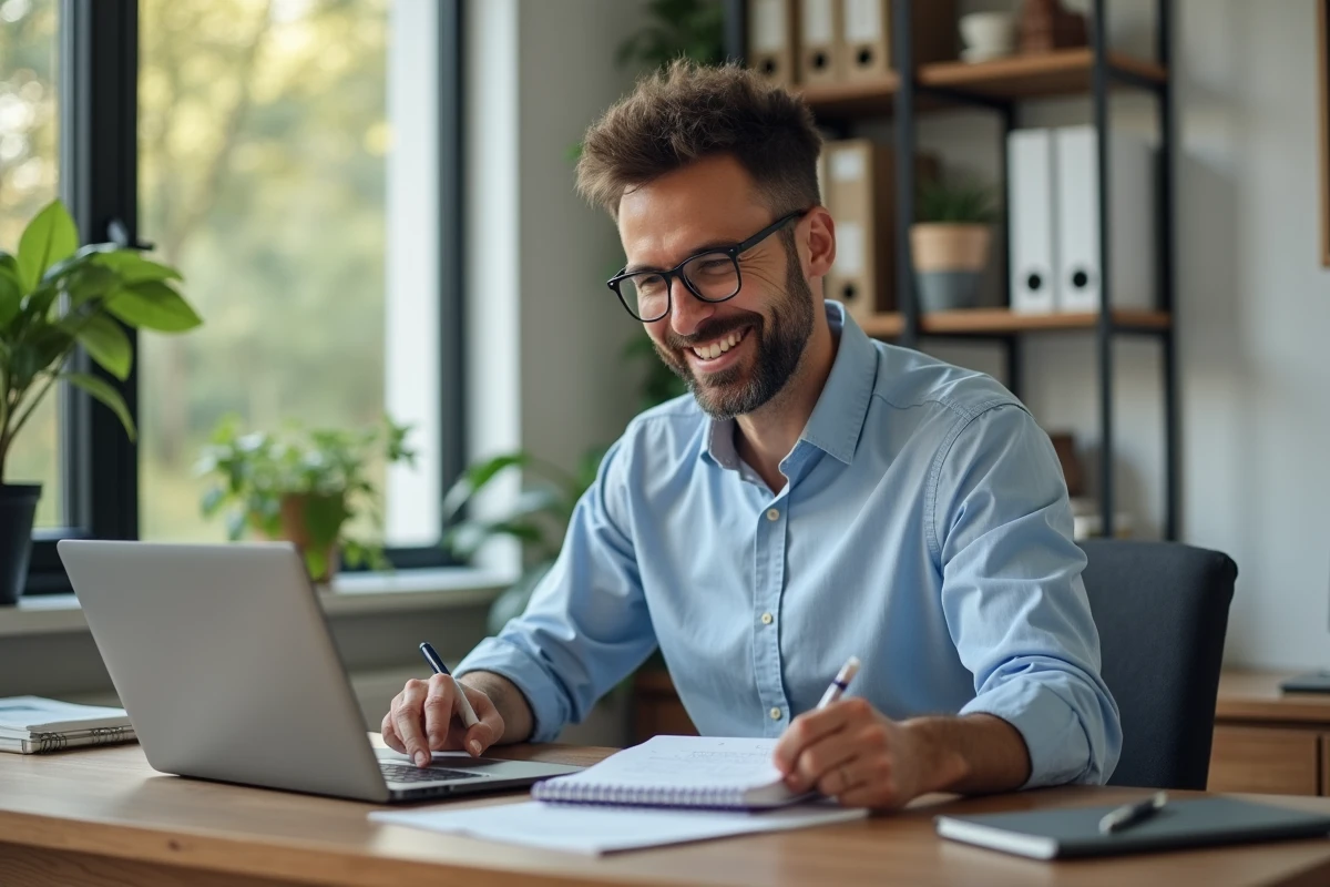 Homme souriant dans un bureau maison en train de consulter un calculateur