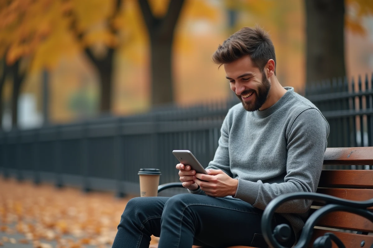 Homme souriant en lisant un message affectueux sur son téléphone dans un parc en automne, expression douce et amusée