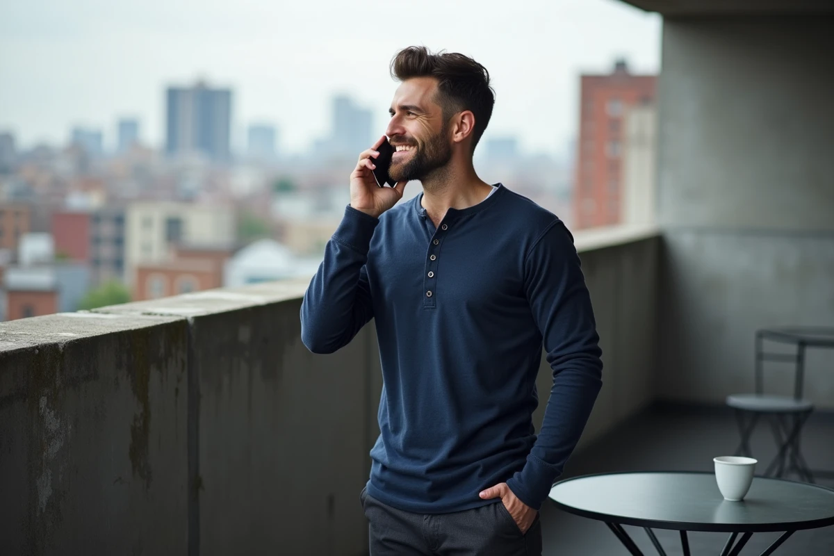Homme souriant en conversation téléphonique affectueuse sur un balcon urbain, évoquant la relation amoureuse à distance et les surnoms tendres