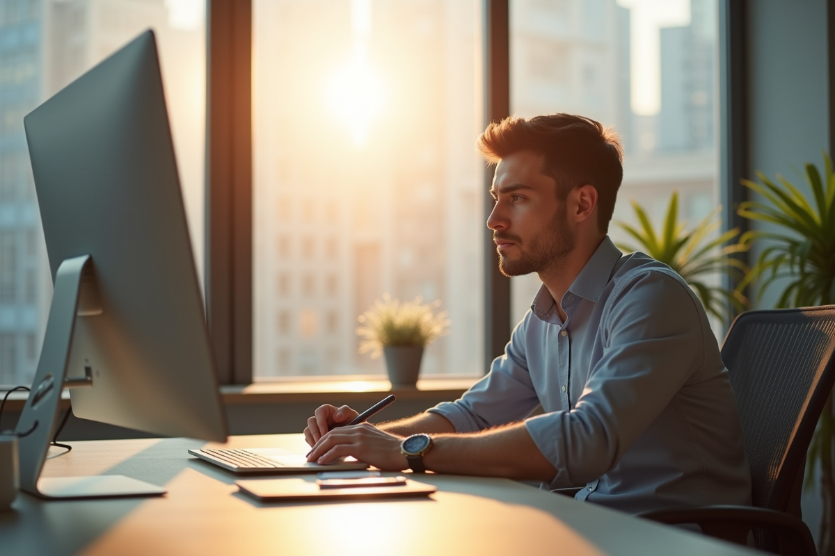Homme au bureau prenant une pause méditative près de la fenêtre