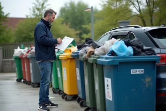 Homme d'âge moyen triant des objets volumineux à la déchèterie