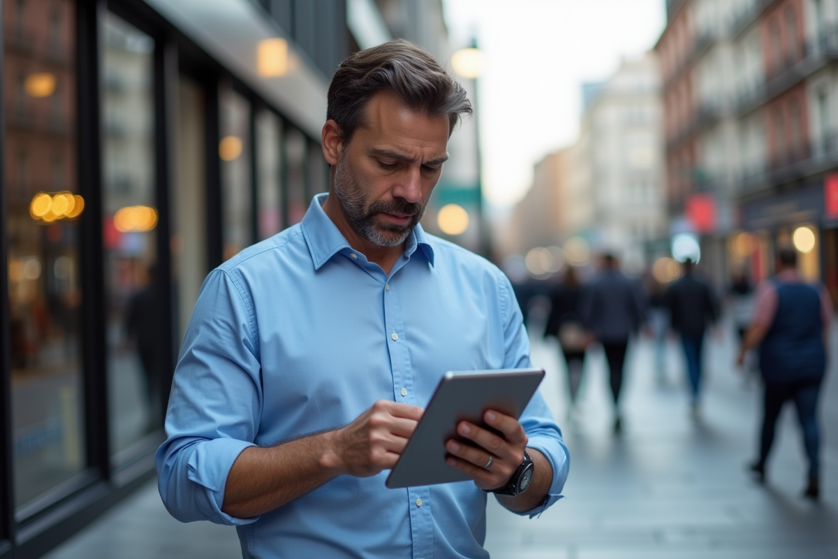 Homme d age moyen vérifiant sa tablette dans la ville