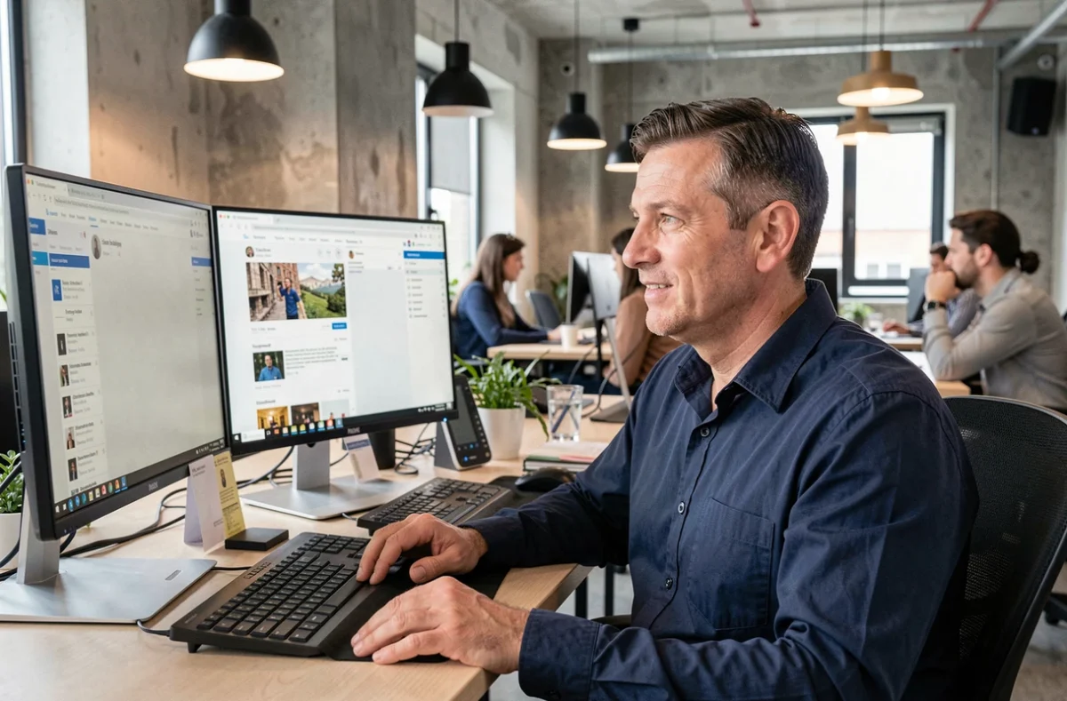 Professionnel masculin consultant un flux de blog sur double écran dans un espace de coworking moderne pour optimiser sa veille quotidienne