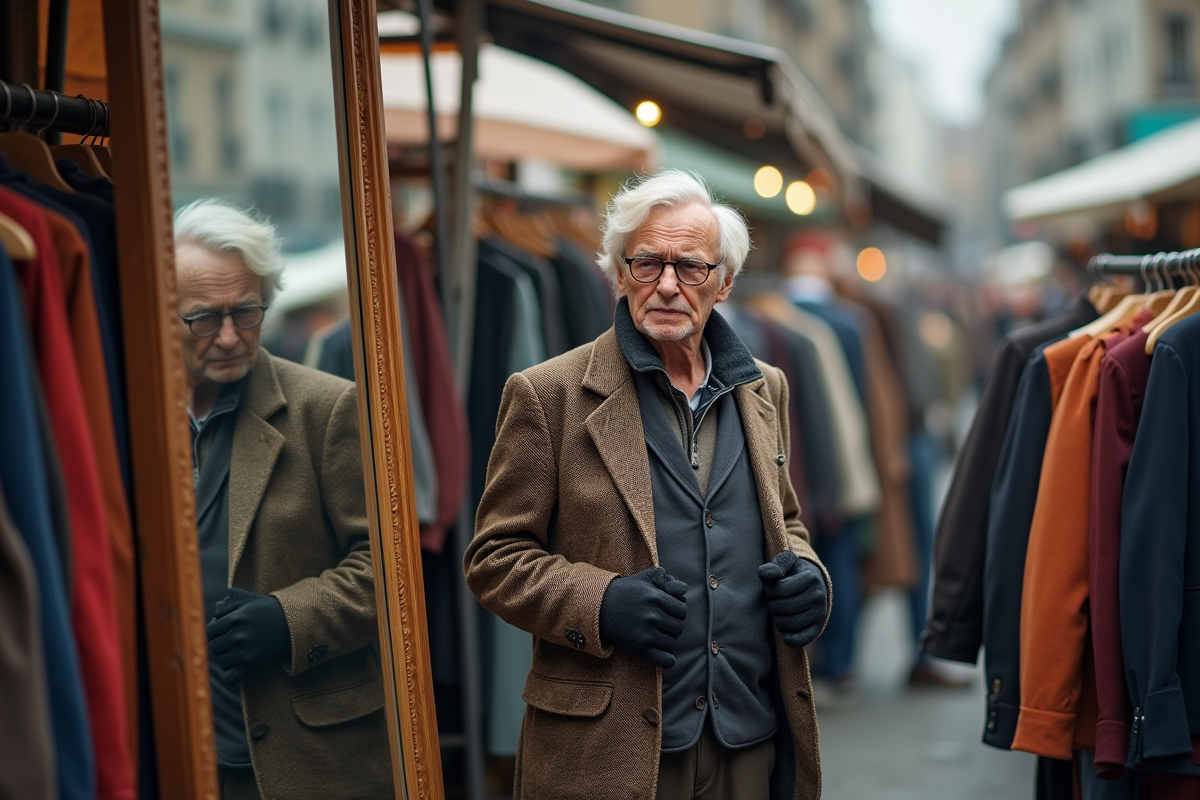 Homme âgé vérifiant un blazer dans un marché de rue vintage