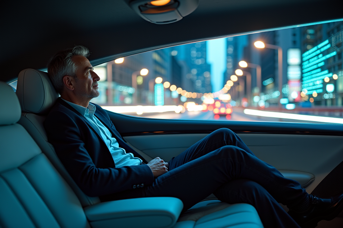 Homme dans voiture autonome regardant par la fenetre