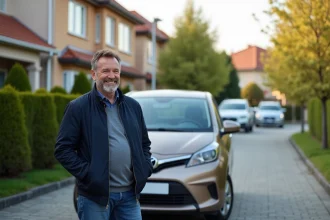 Homme d'âge moyen avec voiture compacte en banlieue