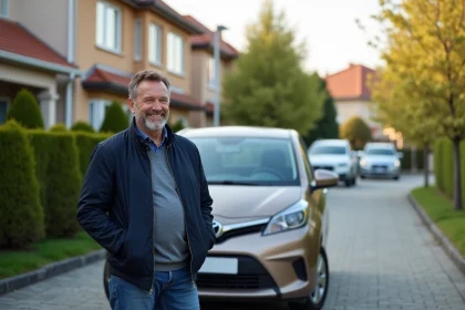 Homme d'&acirc;ge moyen avec voiture compacte en banlieue