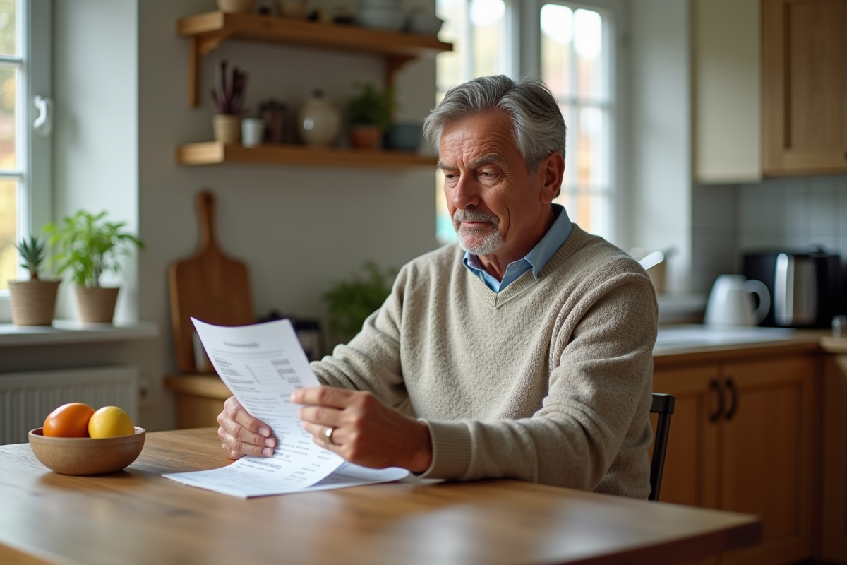 Homme examinant un bon cadeau dans sa cuisine