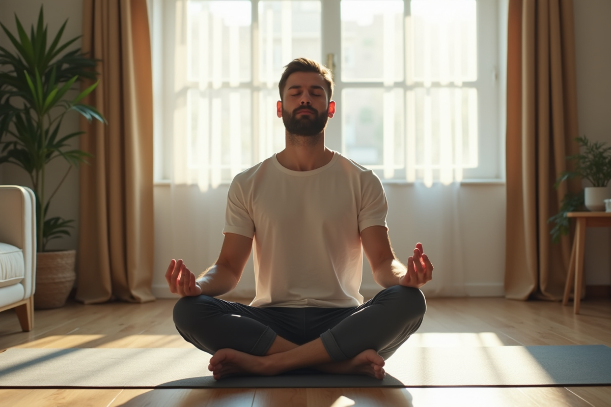 Homme en méditation respirant calmement dans un intérieur minimaliste