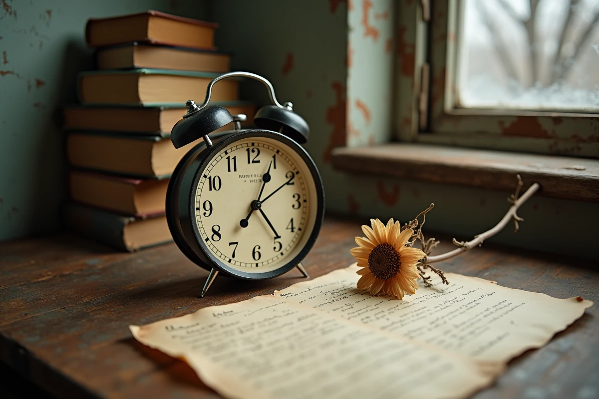 Horloge analogique affichant 15h55 sur un bureau en bois ancien avec lettre manuscrite et fleur séchée, symbolisant la fin d'un cycle