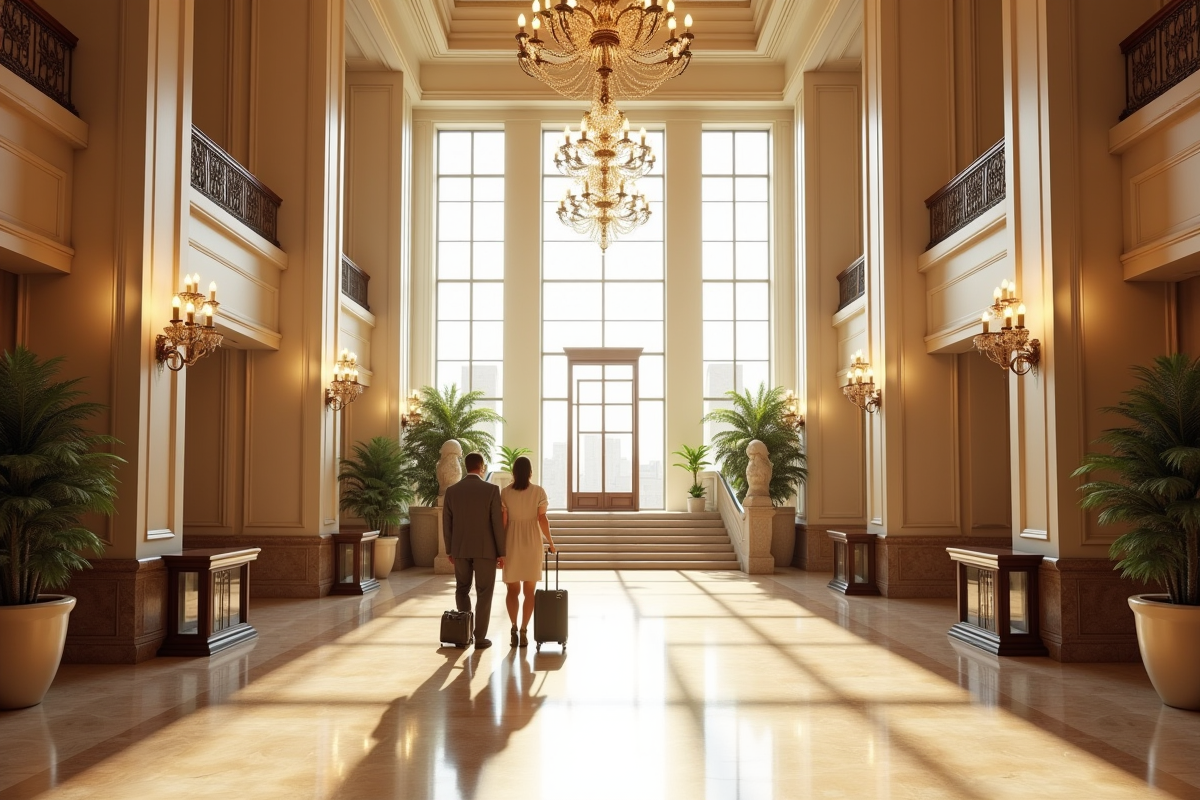 Hall d'hôtel de luxe avec marbre et chandelier élégant