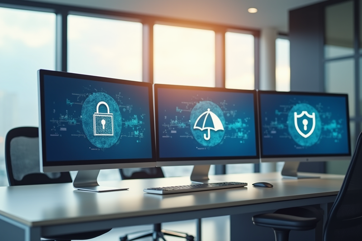 Espace de travail moderne avec icones de protection sur ecrans