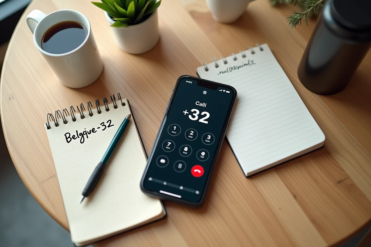 Vue de dessus d'un smartphone affichant l'indicatif international +32 pour appeler la Belgique avec un carnet de notes