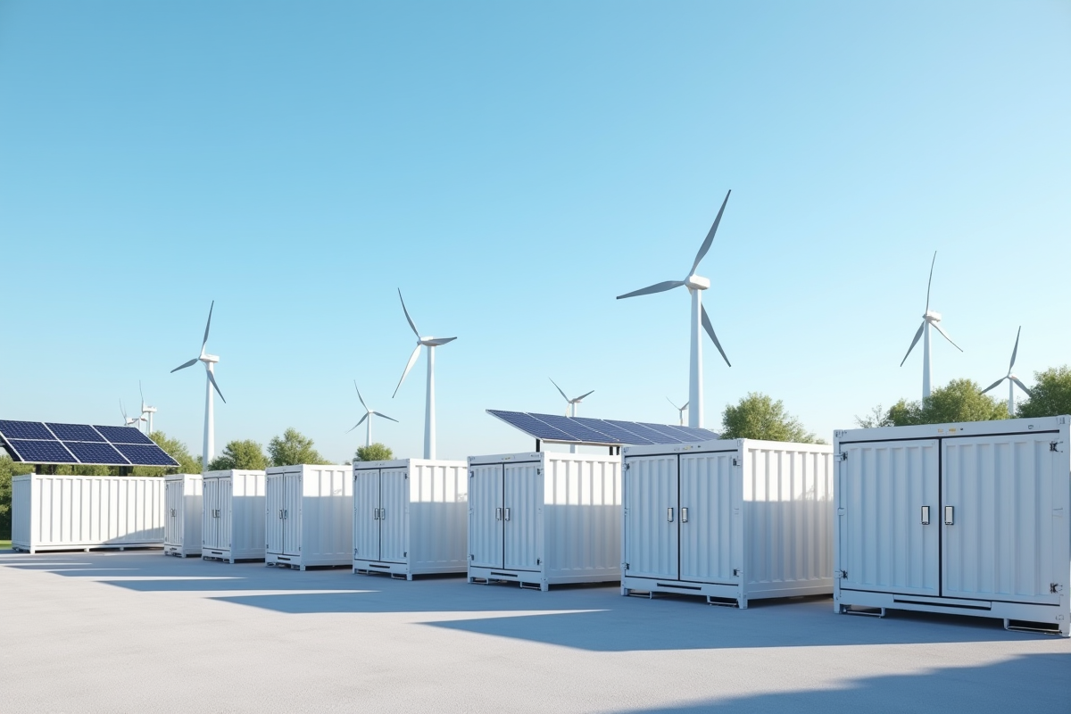 Installation moderne de stockage d énergie avec batteries solaires et éoliennes