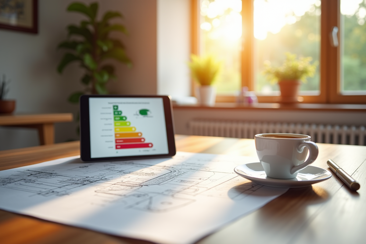 Intérieur lumineux avec plans et étiquette énergie sur tablette